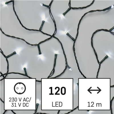 Lampki choinkowe 120 LED 12m zimna biel, zielony przewód, 8 programów, IP44 (D4AC08)